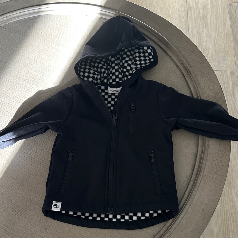 Children's Black Hooded Jacket with Checkerboard Lining